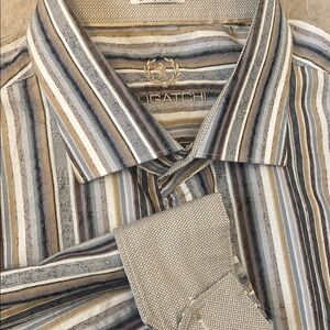 Bugatchi Uomo Men’s Brown & Gray Stripe Shaped Fit Casual Button Down Shirt. XXL
